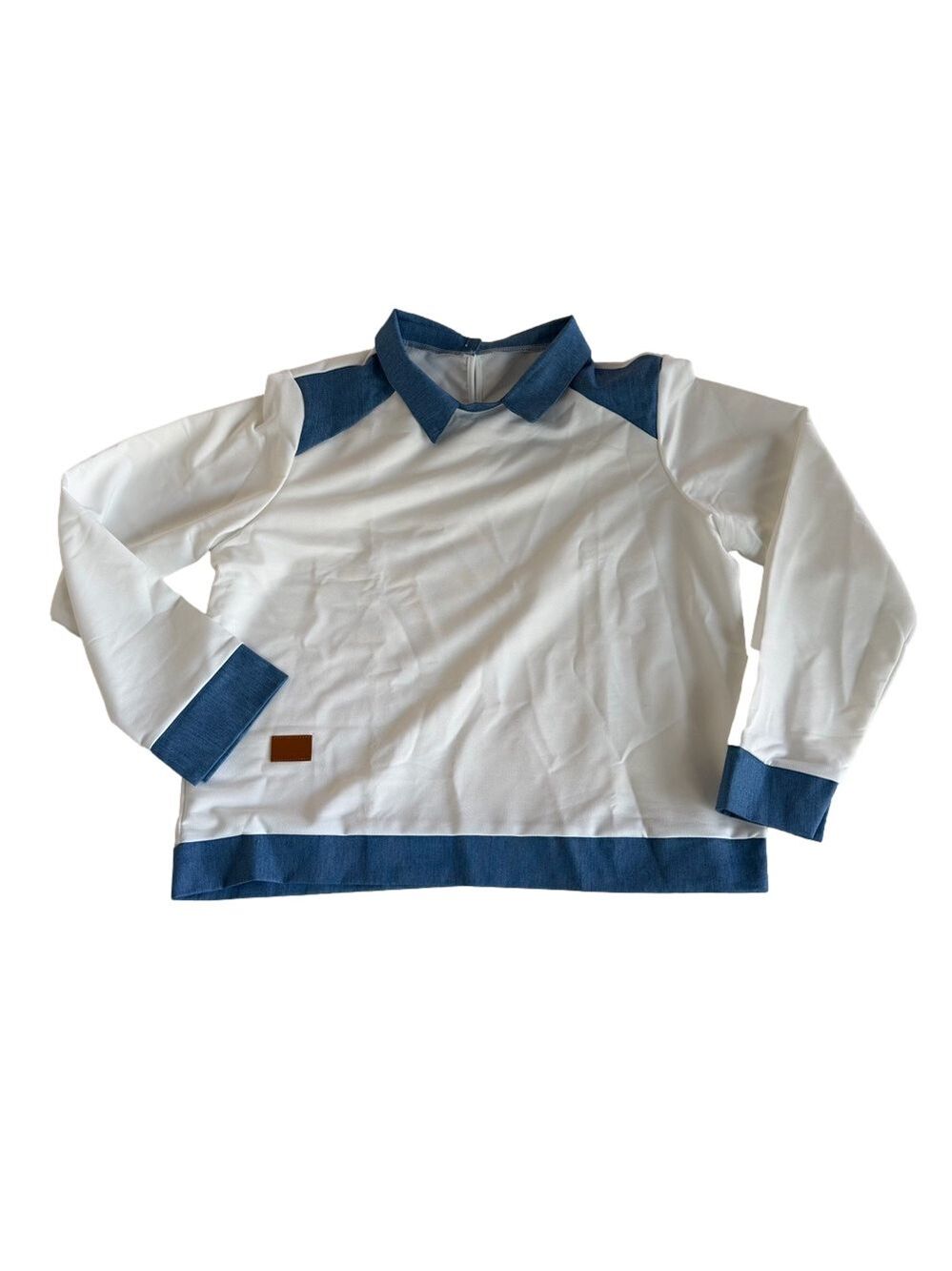 Women's White with Blue Denim Style Trim Peter Pan Collar Size XL #260504